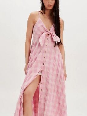 free people via plaid Pink Gingham Tie-Front Button Maxi Dress
